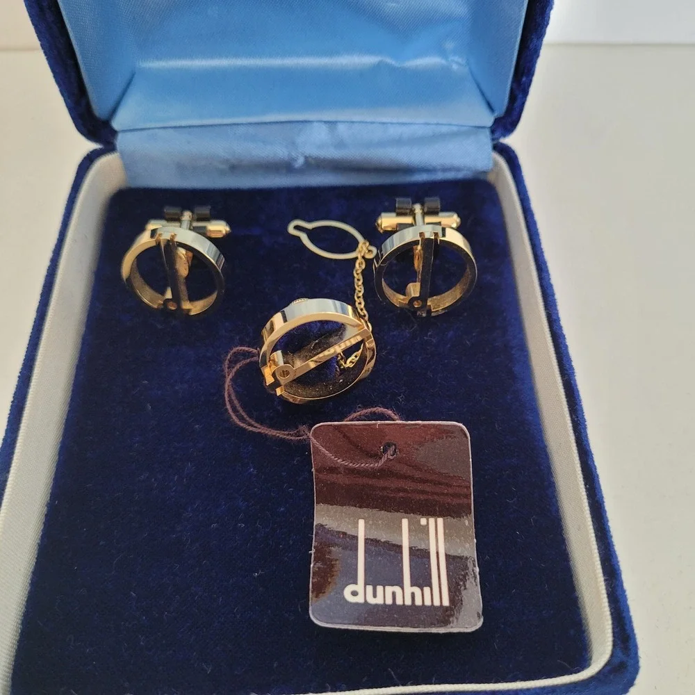Dunhill Gold Tone Cufflinks and Tie Tack Set Vintage Circular Geometric Design
